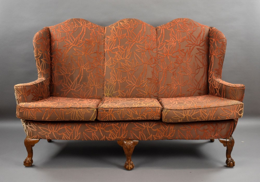 A Queen Anne style three-seat sofa featuring terracotta leaf-patterned upholstery, a triple-arched backrest, and carved walnut cabriole legs with ball-and-claw feet. View II