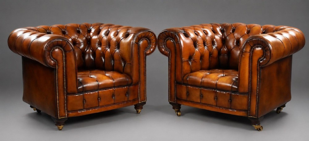 A matching pair of warm brown leather Chesterfield armchairs featuring deep button tufting, brass studding, rolled arms, and brass castors.