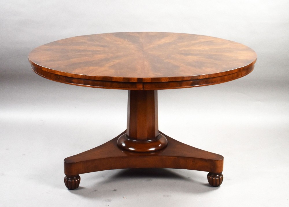 A circular Regency tilt-top breakfast table with starburst flame mahogany veneers shown tilted upright on a pedestal base. View II