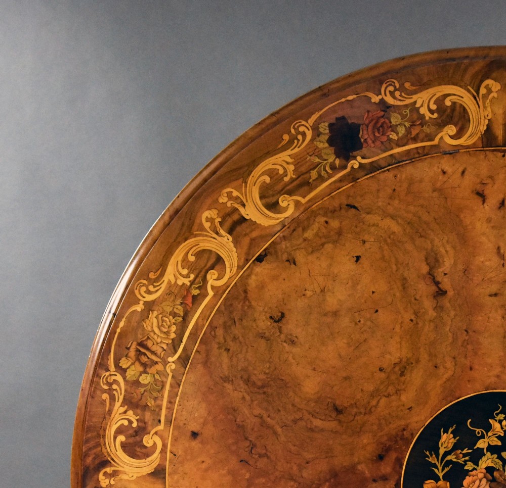 Victorian Burr Walnut and Marquetry Circular Breakfast Table View III
