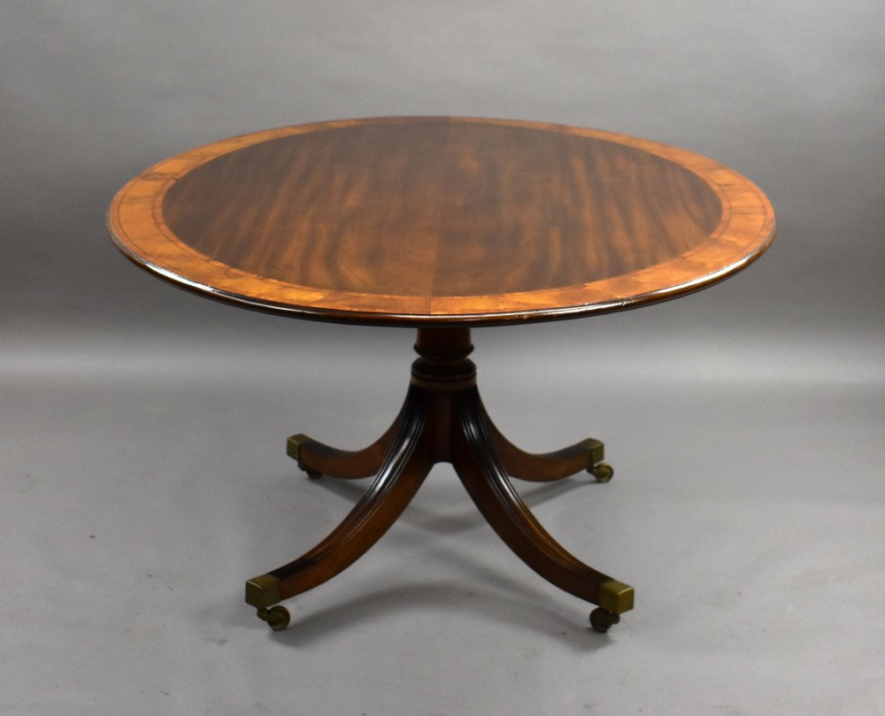 An oval Regency style flame mahogany tilt-top dining table featuring a crossbanded satinwood border and a pedestal base with brass castors. View II
