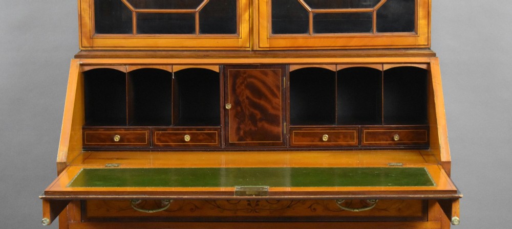 Edwardian Satinwood and Marquetry Inlaid Bureau Bookcase View V