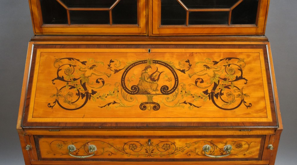 Edwardian Satinwood and Marquetry Inlaid Bureau Bookcase View VII