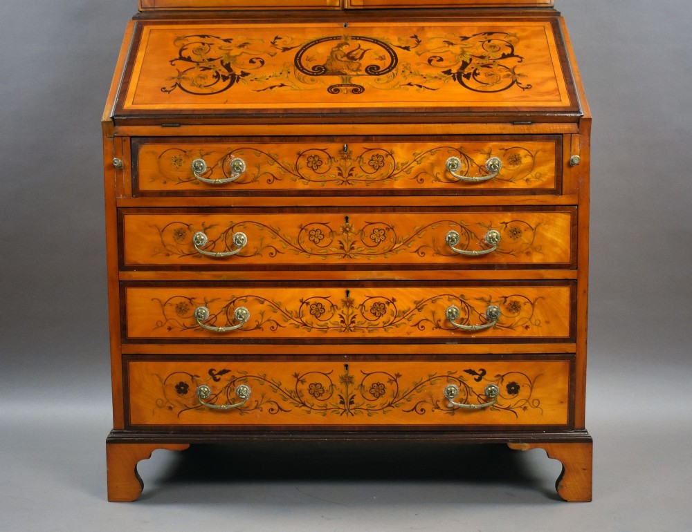 Edwardian Satinwood and Marquetry Inlaid Bureau Bookcase View VIII