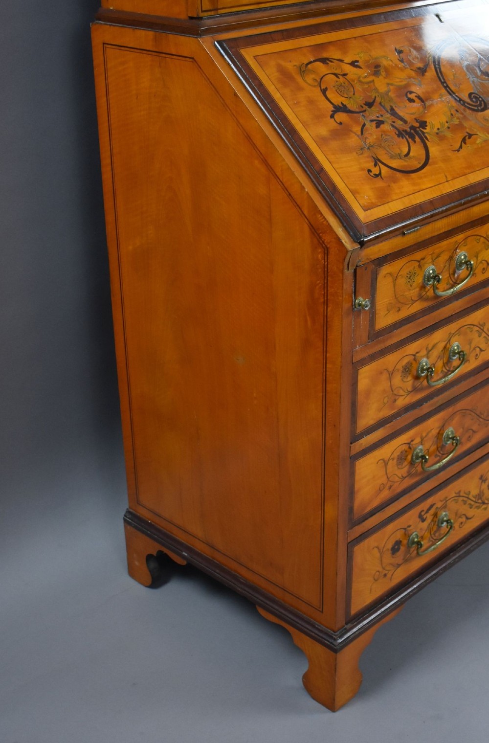Edwardian Satinwood and Marquetry Inlaid Bureau Bookcase View XI
