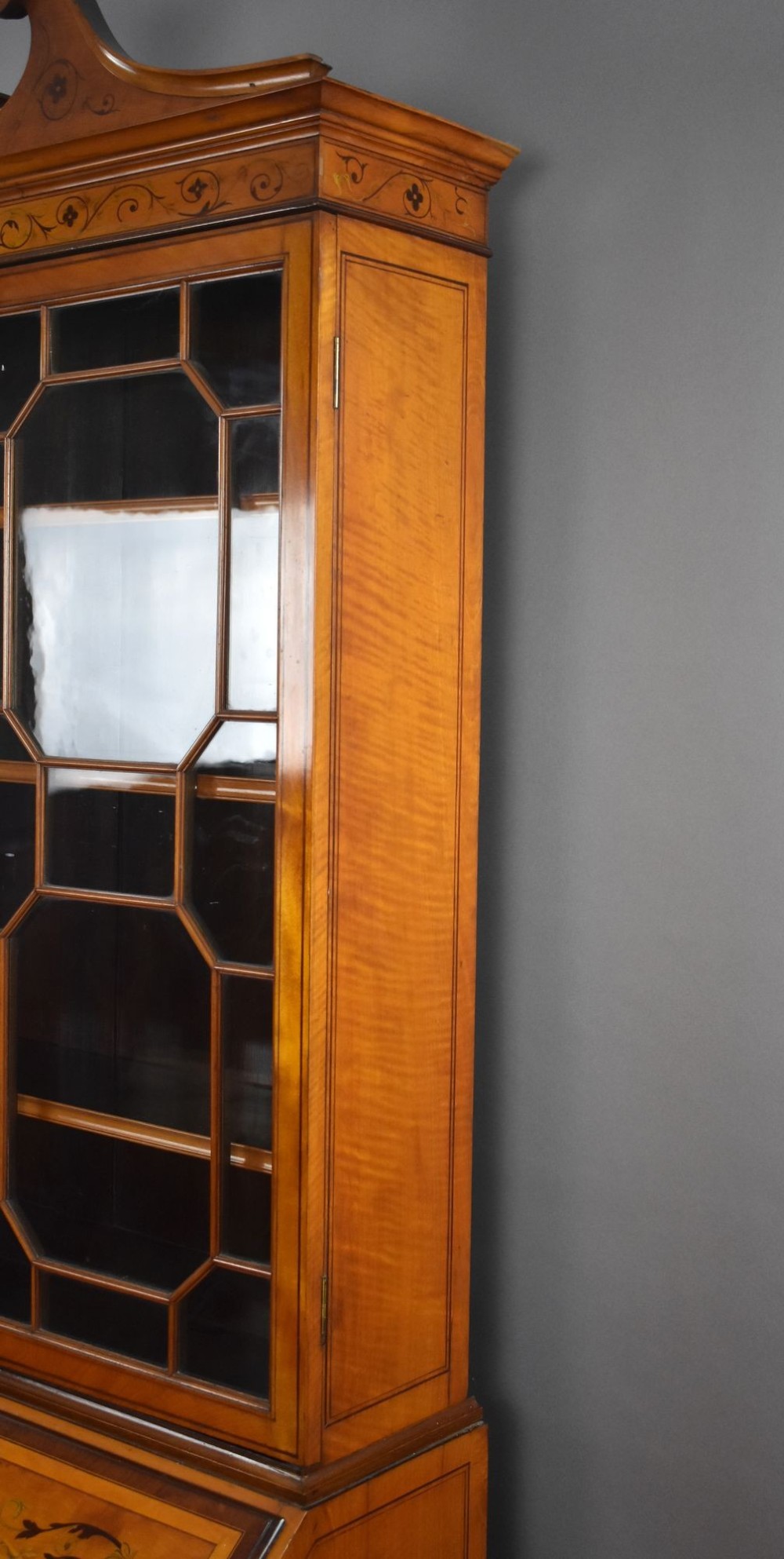 Edwardian Satinwood and Marquetry Inlaid Bureau Bookcase View XIII
