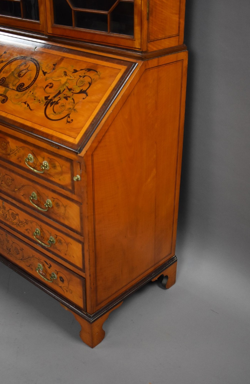 Edwardian Satinwood and Marquetry Inlaid Bureau Bookcase View XIV