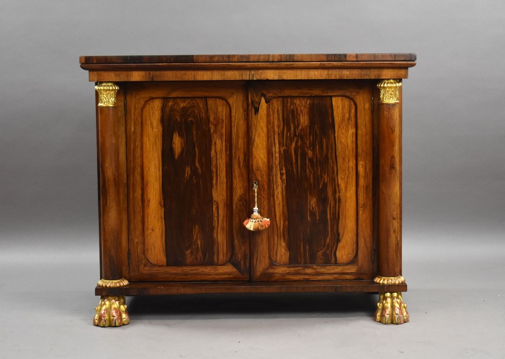 A 19th-century Regency rosewood side cabinet featuring two panelled doors, flanking column supports, and carved giltwood lion paw feet. View II