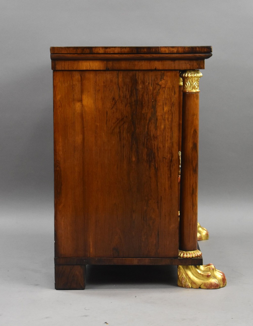 A 19th-century Regency rosewood side cabinet featuring two panelled doors, flanking column supports, and carved giltwood lion paw feet. View III