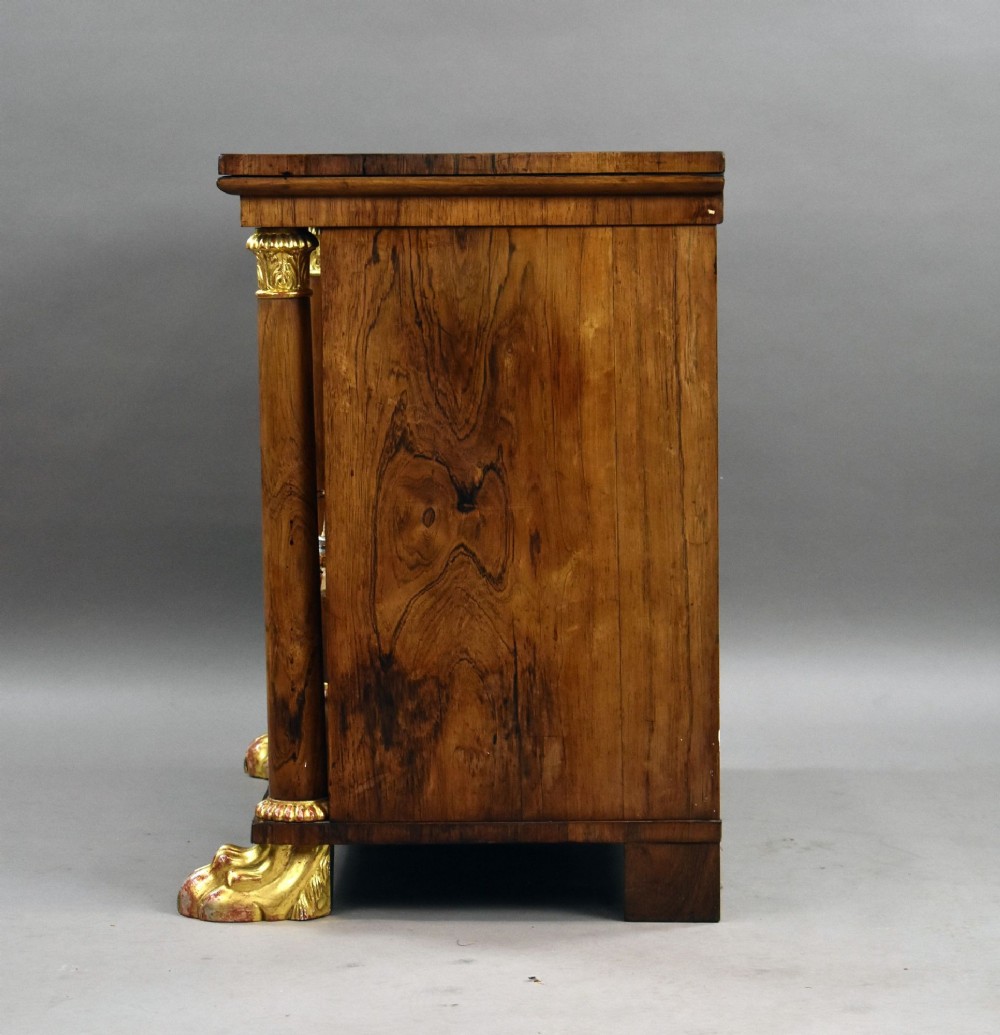 A 19th-century Regency rosewood side cabinet featuring two panelled doors, flanking column supports, and carved giltwood lion paw feet. View IV