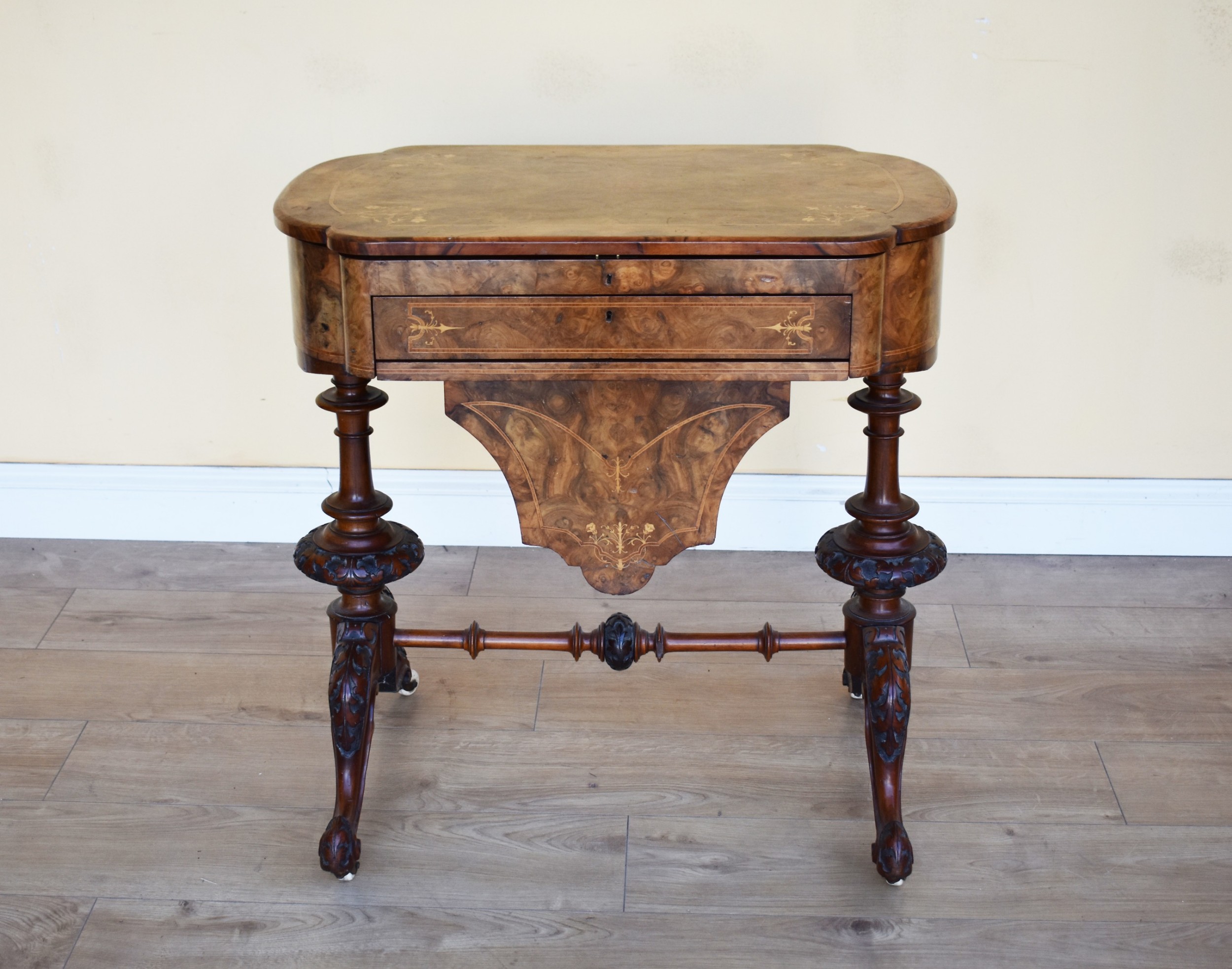 Victorian Work Table 19th Century Victorian Burr Walnut Work Table / Writing Table