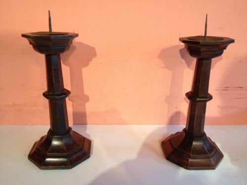 a pair of antique pugin style oak candlesticks - CATEGORY: ANTIQUE LIGHTING - DATED VICTORIAN