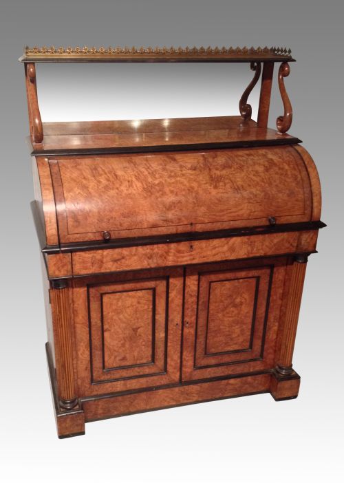antique regency burr elm cylinder desk in the manner of george bullock - CATEGORY: ANTIQUE BUREAU - DATED REGENCY