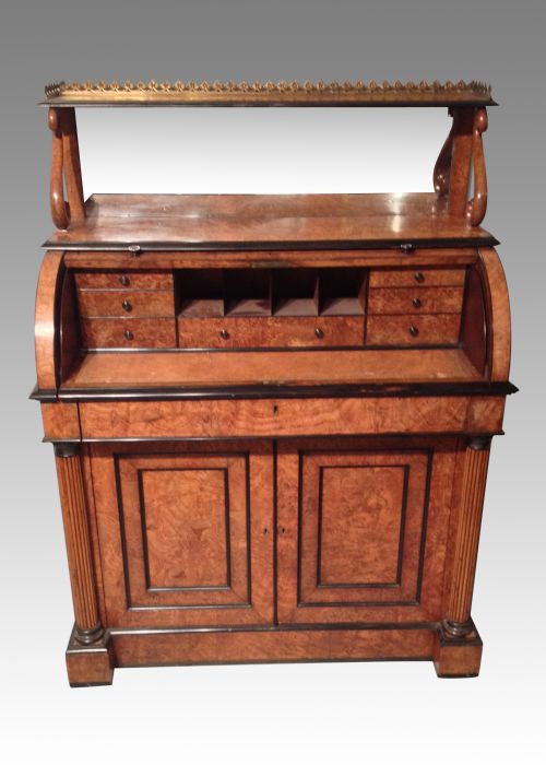ANTIQUE REGENCY BURR ELM CYLINDER DESK IN THE MANNER OF GEORGE BULLOCK - ADDITIONAL PHOTO 1