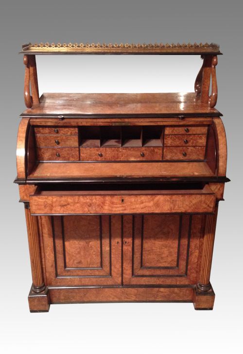 ANTIQUE REGENCY BURR ELM CYLINDER DESK IN THE MANNER OF GEORGE BULLOCK - ADDITIONAL PHOTO 3