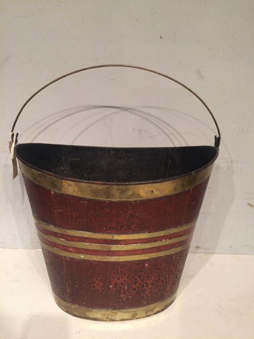ANTIQUE OVAL PAINTED TIN BRASS BOUND BUCKET - ADDITIONAL PHOTO 2