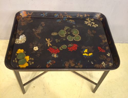 19th century rectangular decorated papier mache tray on stand - CATEGORY: ANTIQUE MISCELLANEOUS - DATED 19TH CENTURY