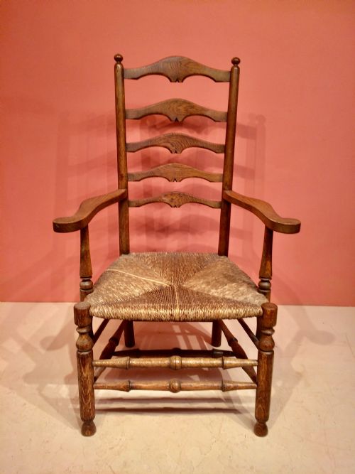 19th century oak arts and crafts ladderback armchair - CATEGORY: ANTIQUE CHAIRS - DATED 19TH CENTURY