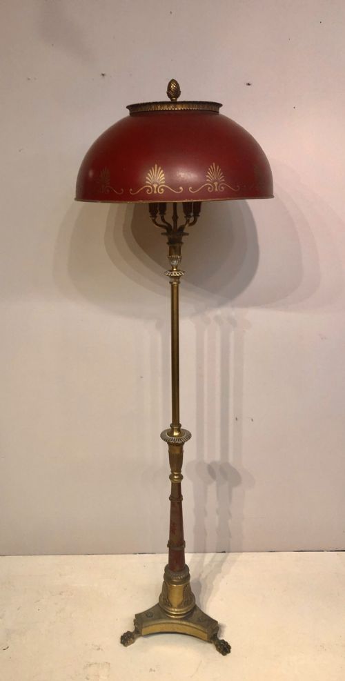 decorative red toleware and brass standard lamp - CATEGORY: ANTIQUE LIGHTING - DATED 1920
