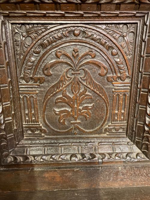 ANTIQUE CARVED OAK HALL SETTLE - ADDITIONAL PHOTO 1