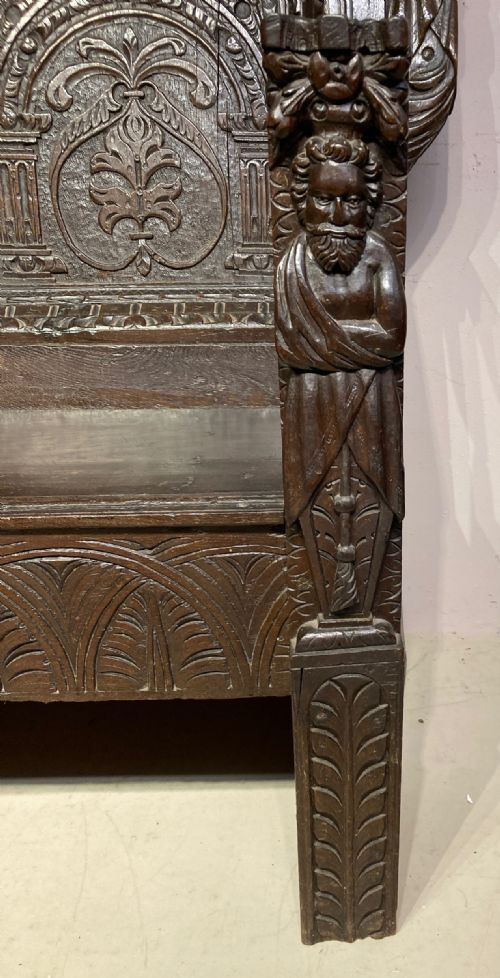 ANTIQUE CARVED OAK HALL SETTLE - ADDITIONAL PHOTO 4