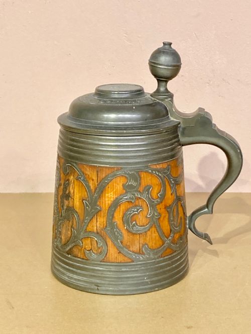 swedish commemorative oak and pewter daubenkrug tankard - CATEGORY: ANTIQUE METAL - DATED 19TH CENTURY