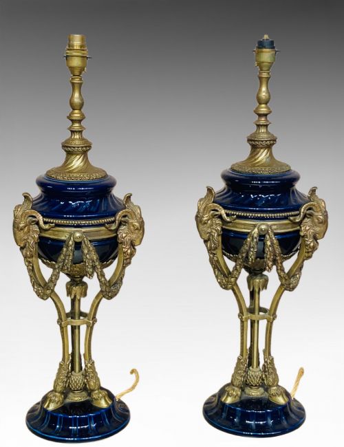 PAIR OF BLUE GLAZED AND ORMOLU TABLE LAMPS