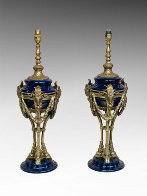 PAIR OF BLUE GLAZED AND ORMOLU TABLE LAMPS - ADDITIONAL PHOTO 7