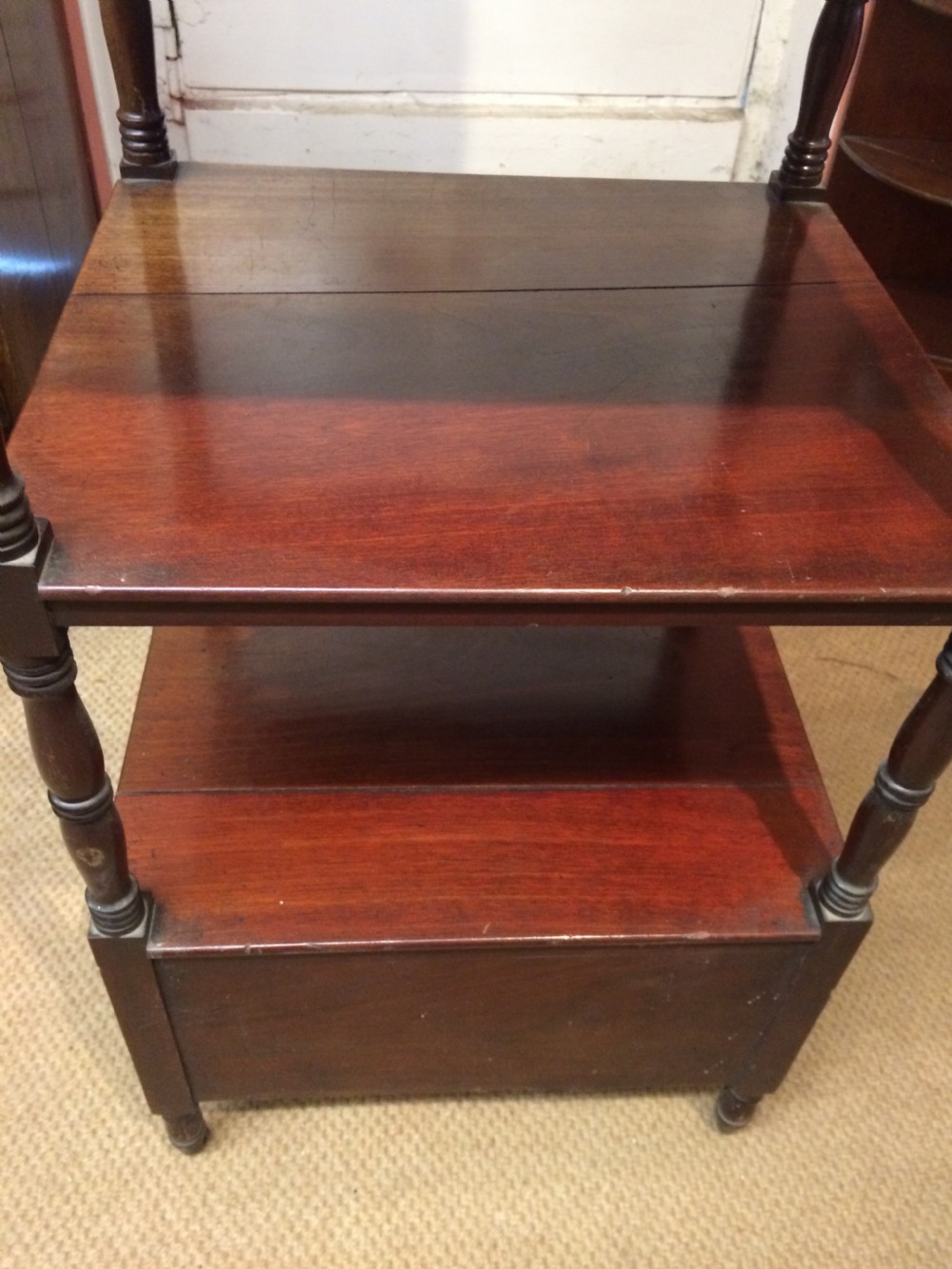 Georgian mahogany whatnot with drawer. View II
