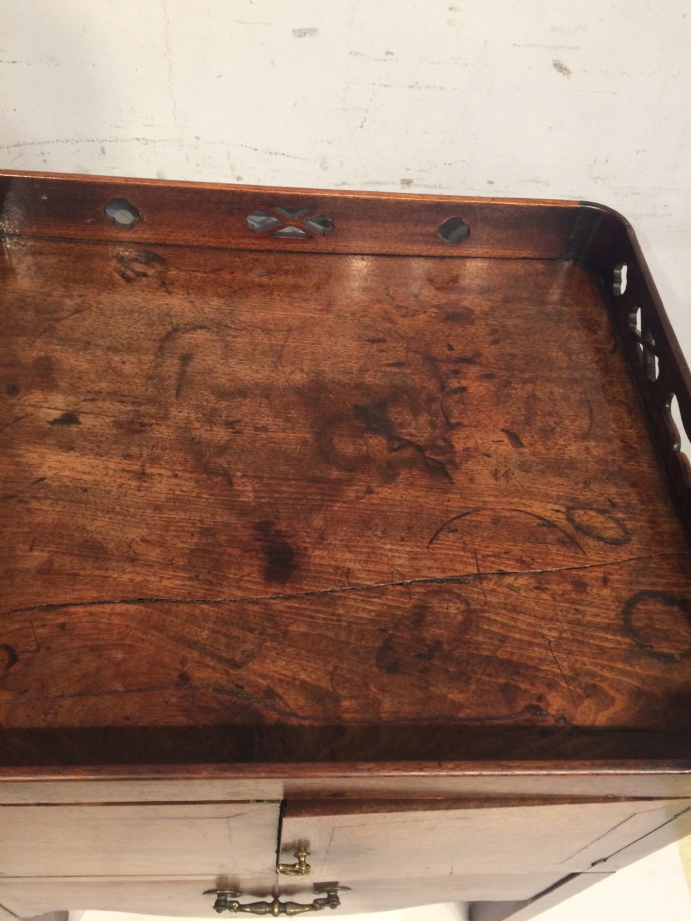 Georgian mahogany tray top bedside table. View V
