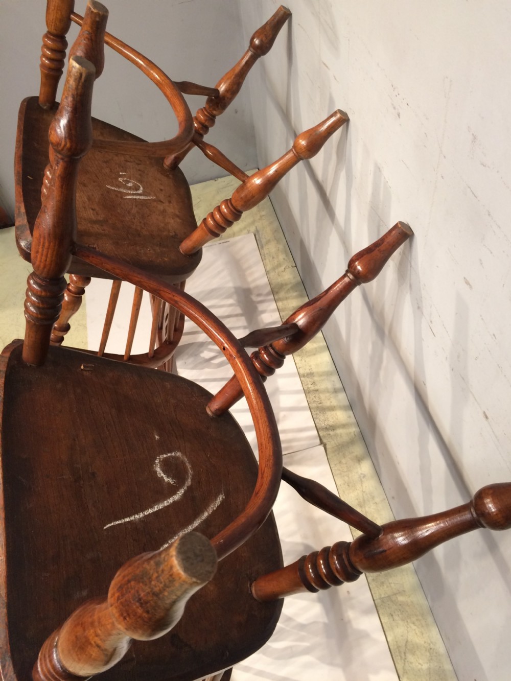 Pair of 19th century ash and elm low back  Windsor armchairs. View V