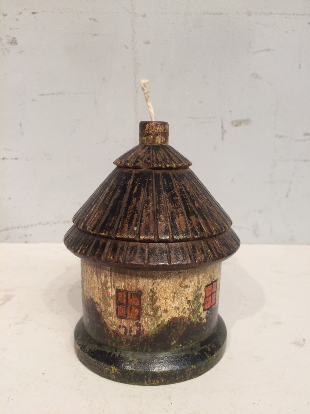 A 19th century painted treen string box. View III