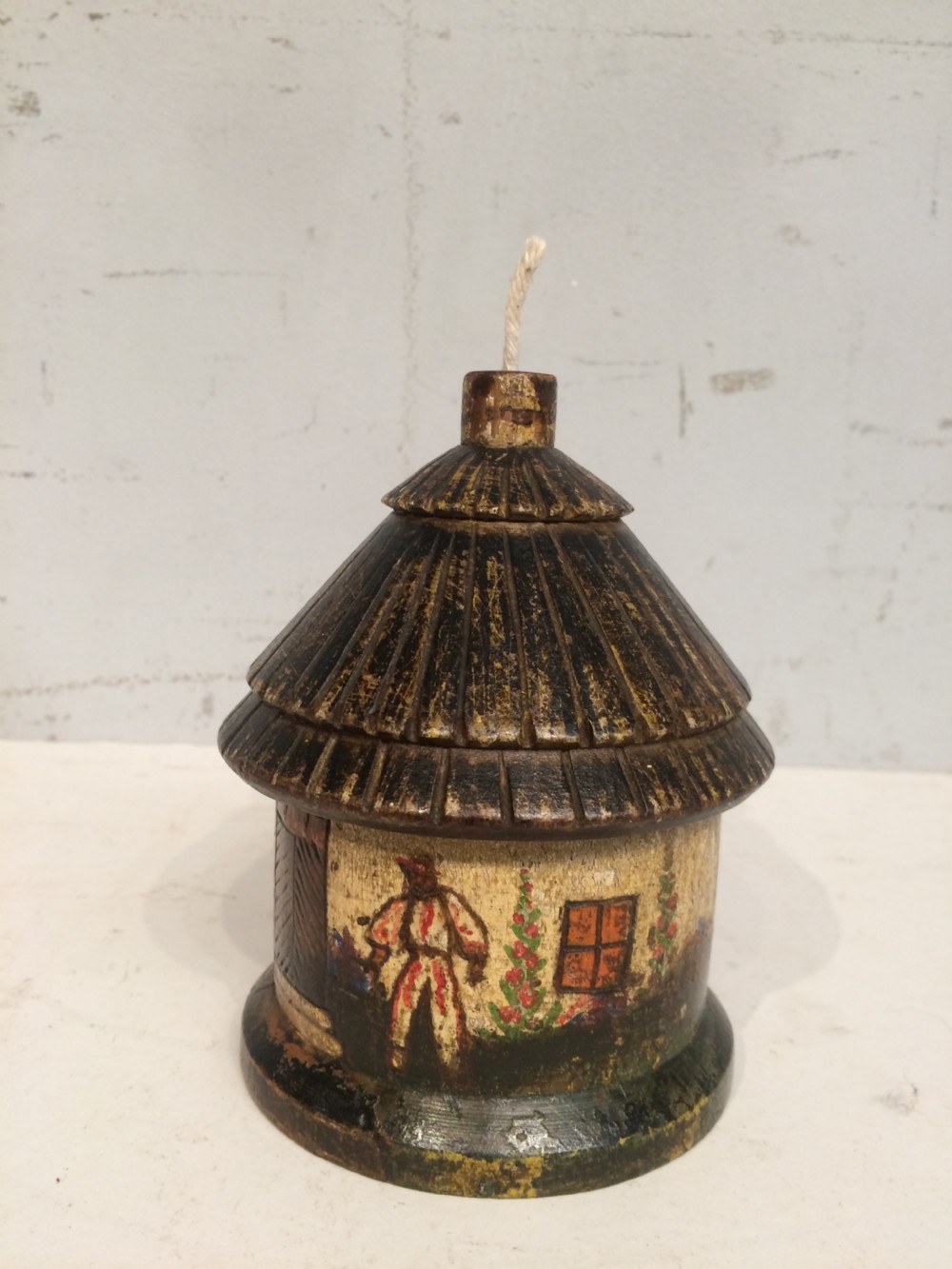 A 19th century painted treen string box. View IV