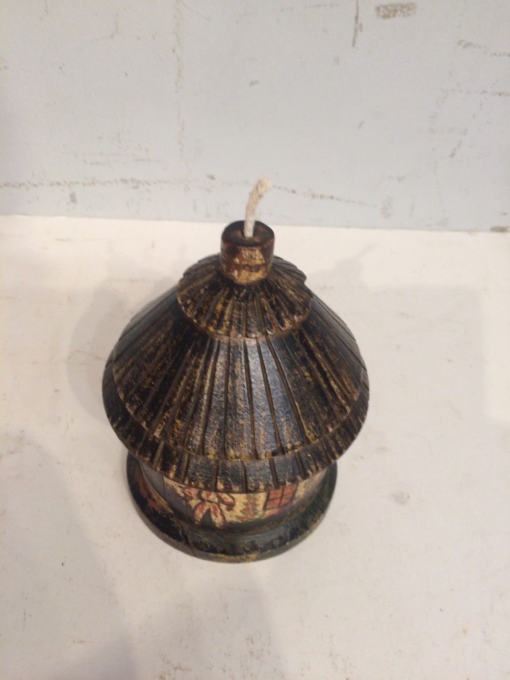 A 19th century painted treen string box. View V