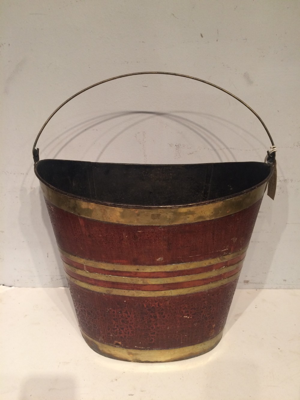 Antique  oval painted tin brass bound bucket.
