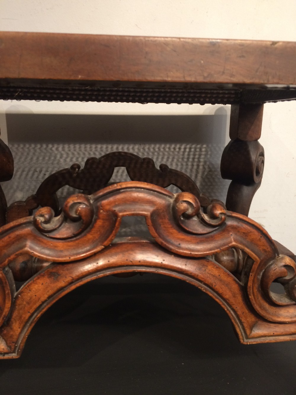19th century walnut cabriole leg stool in the Carolean style. View II