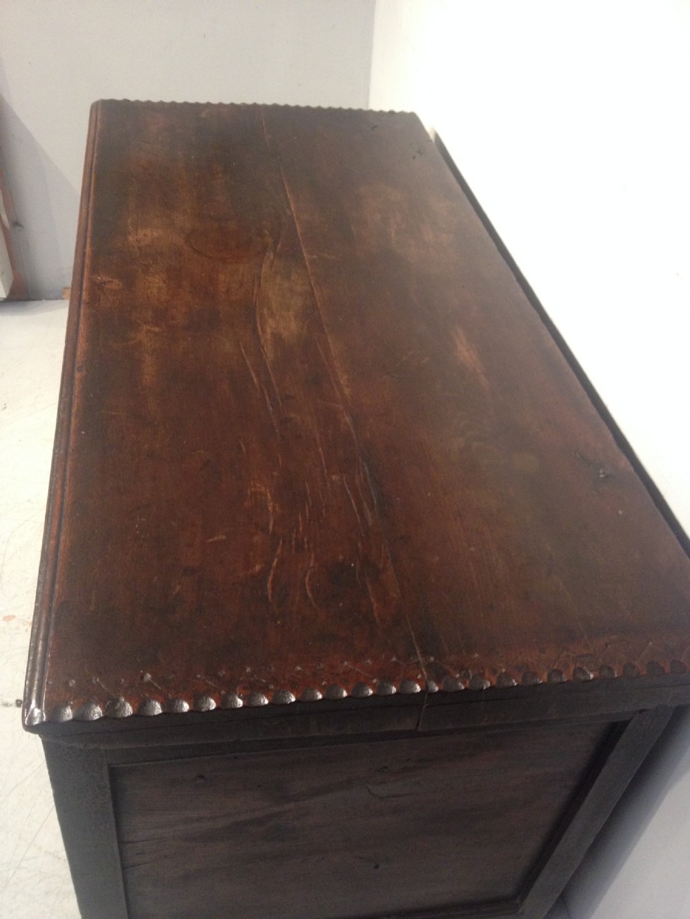 Charles II West Country carved oak coffer. View IV