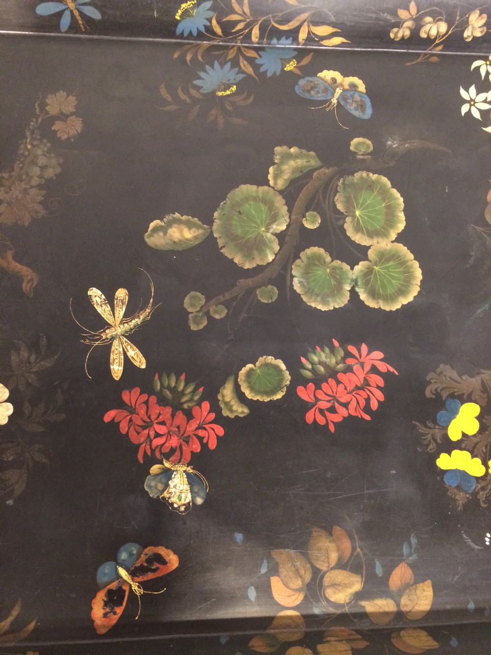 19th century rectangular  decorated papier mache tray on stand. View III