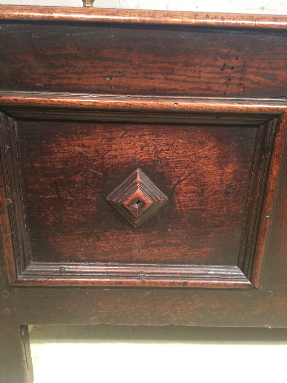 Small Queen Anne Welsh oak coffer. View III