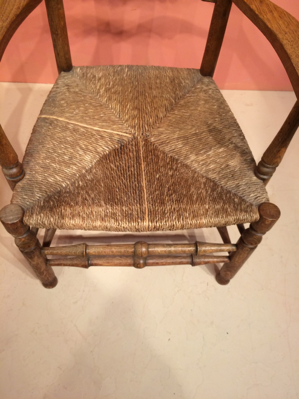 19th century oak Arts and Crafts ladderback armchair. View III