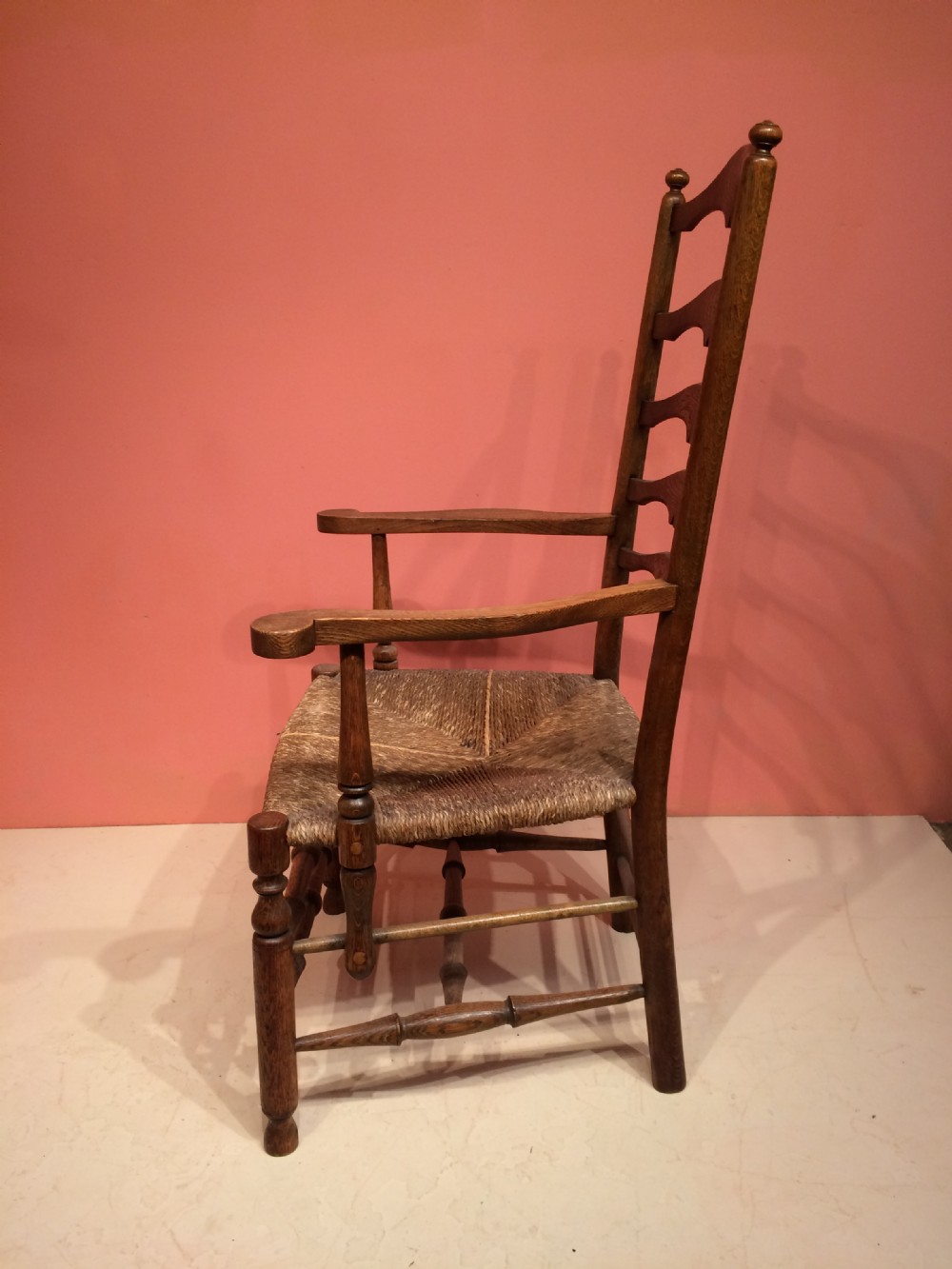 19th century oak Arts and Crafts ladderback armchair. View IV