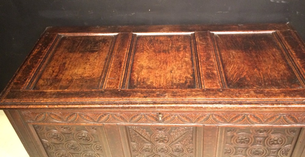 Charles II carved oak coffer. View II
