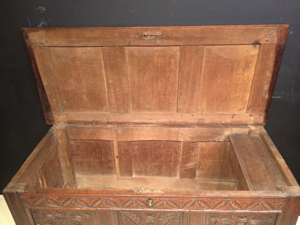 Charles II carved oak coffer. View V