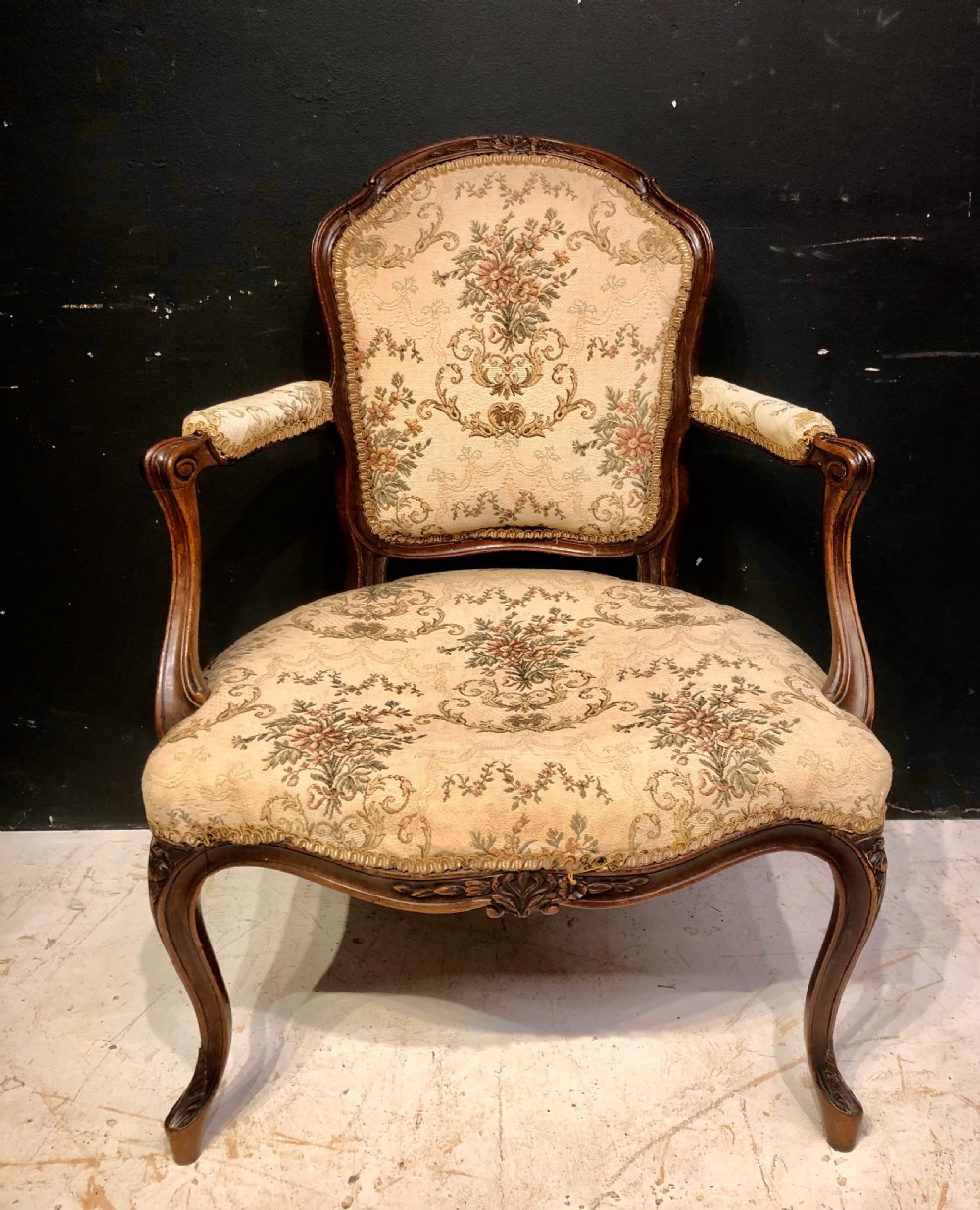 French Hepplewhite carved cabriole leg mahogany armchair.