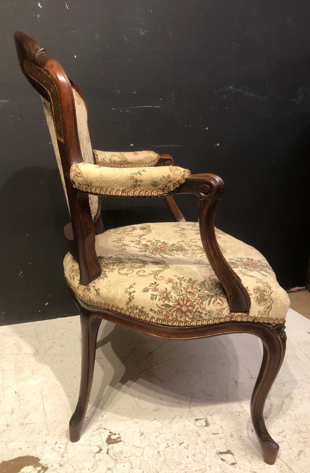 French Hepplewhite carved cabriole leg mahogany armchair. View II