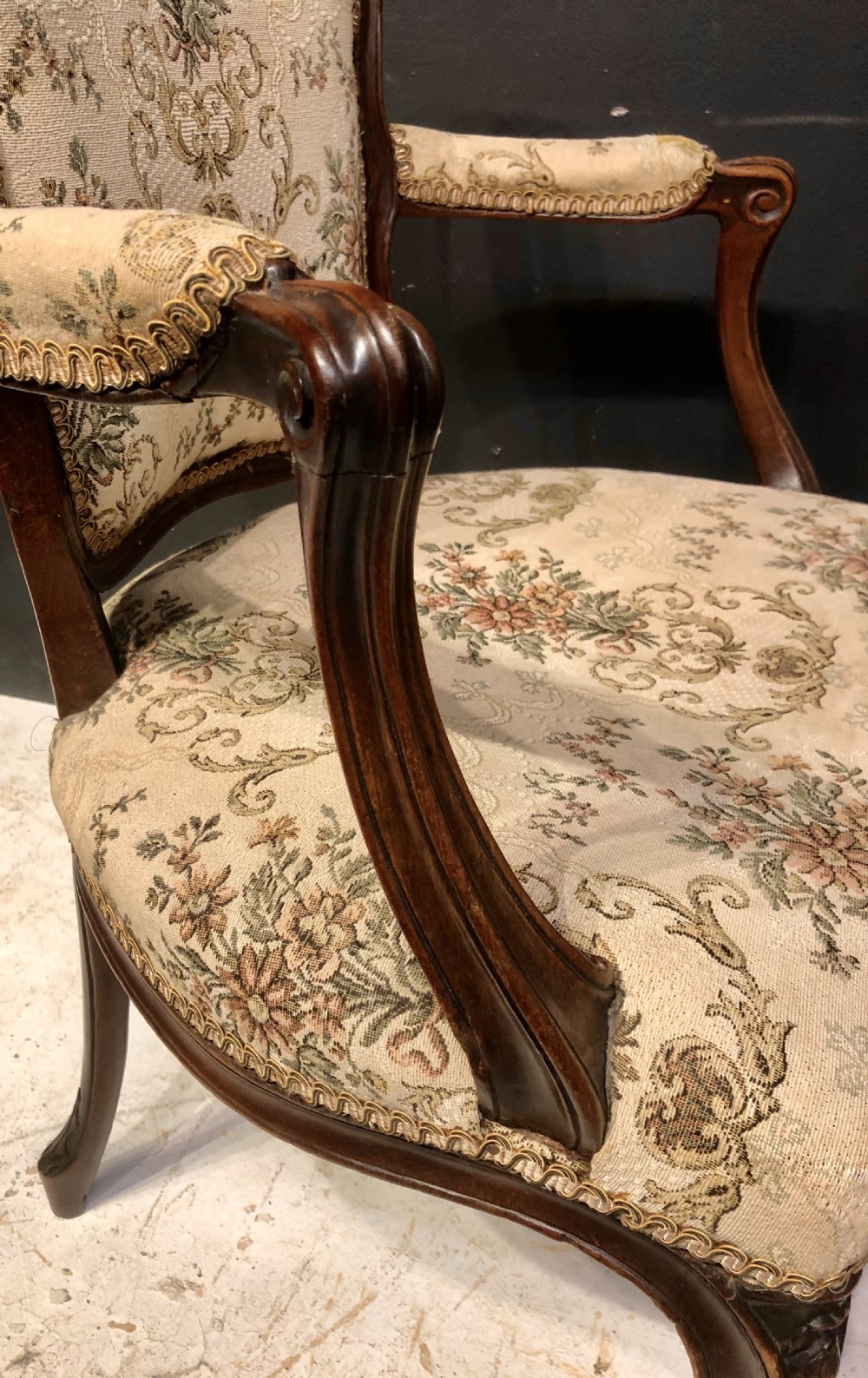 French Hepplewhite carved cabriole leg mahogany armchair. View VI