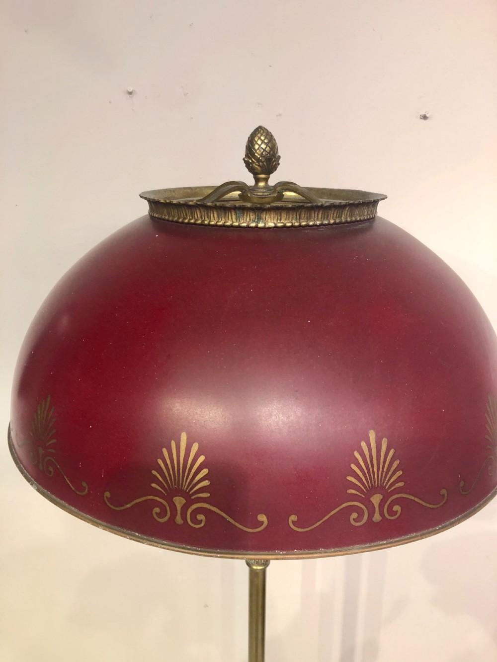Decorative red toleware and brass standard lamp. View II