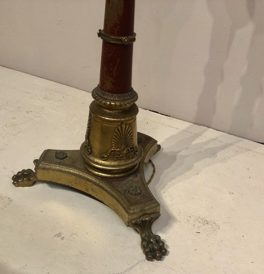 Decorative red toleware and brass standard lamp. View VI