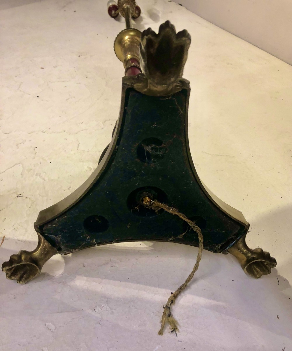 Decorative red toleware and brass standard lamp. View VII