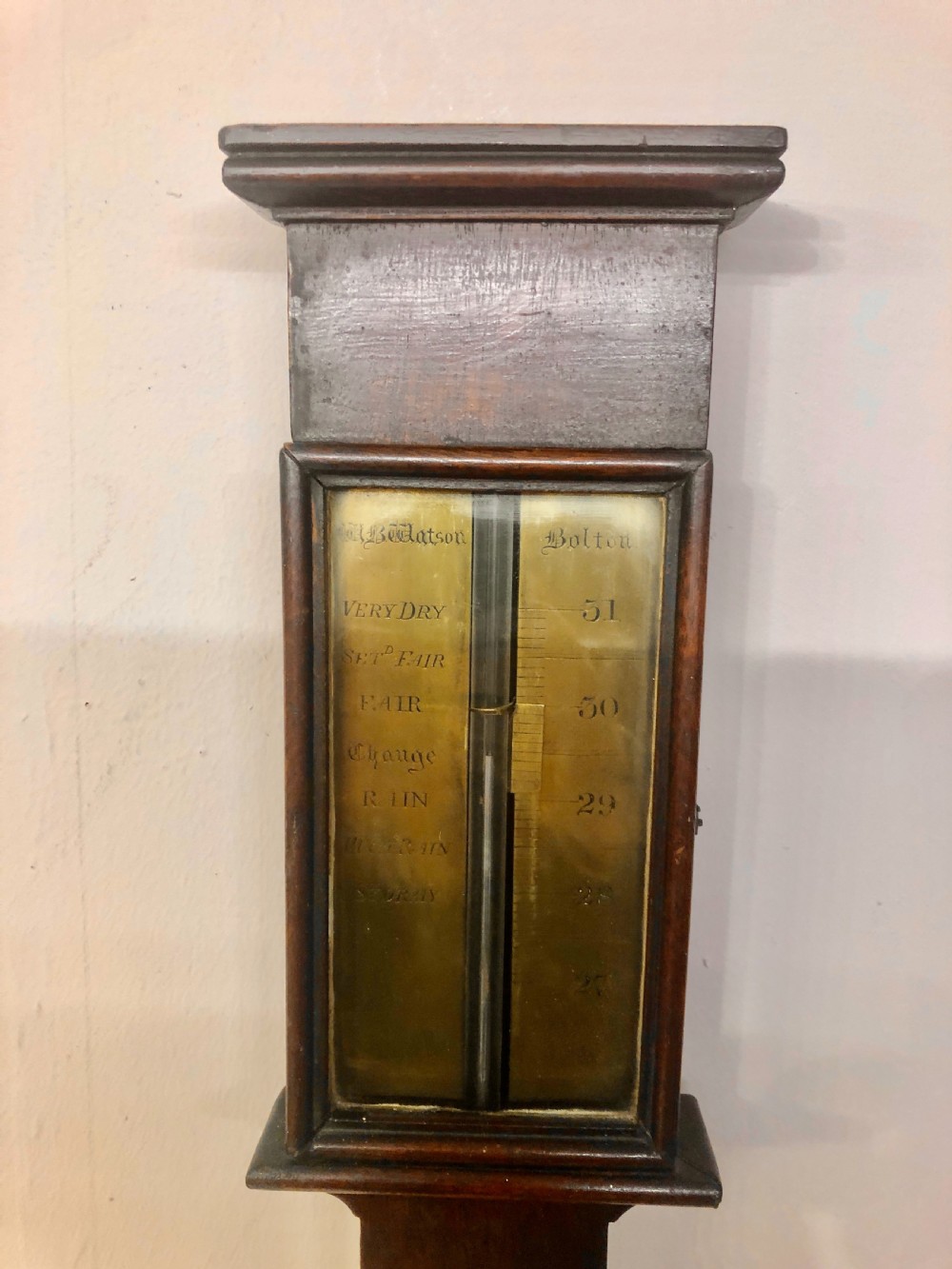 Georgian mahogany stick barometer by W B Watson of Bolton. View III